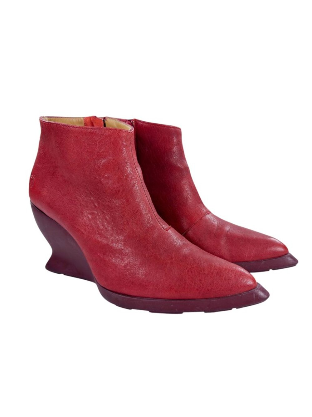 John Fluevog The Jitters Wedge Ankle Boots Womens Size 8 Side Zip Red Leather